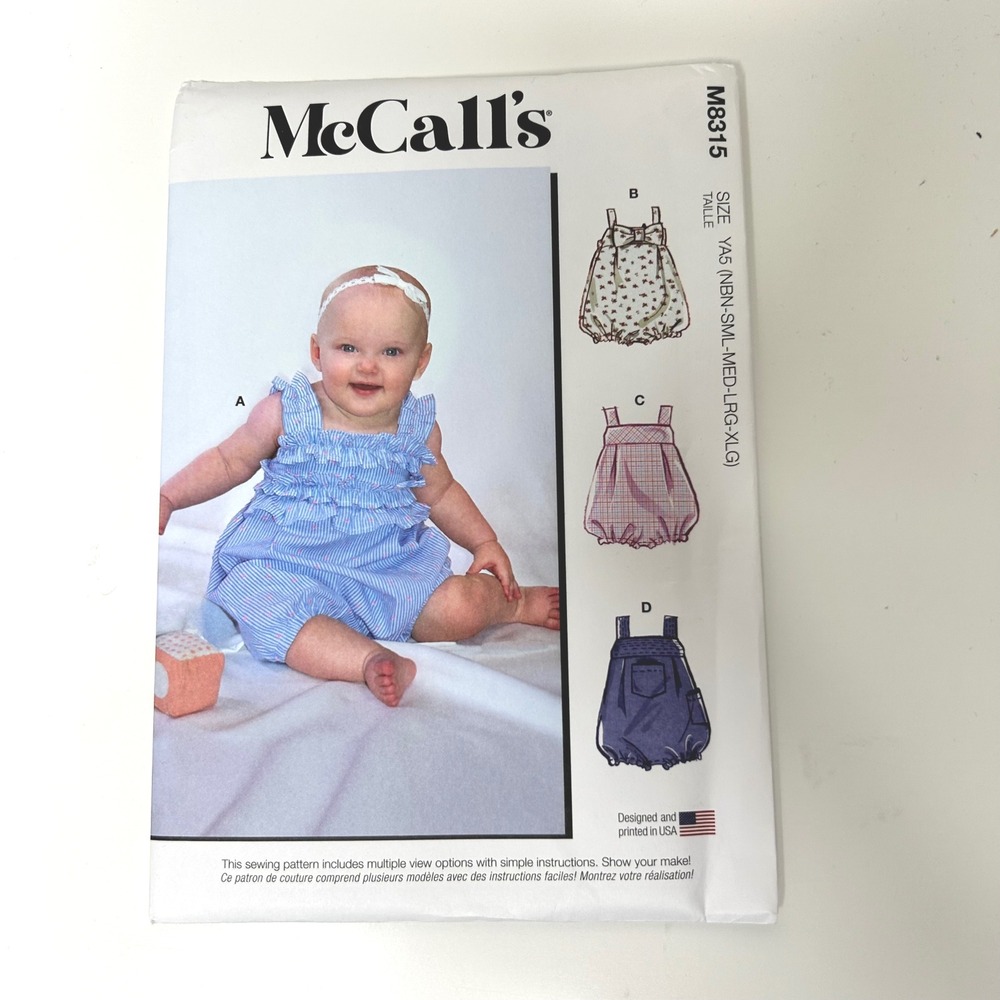 McCall's M8315 Baby Romper Sewing Pattern Infant Size YA5 NB XL Uncut‎